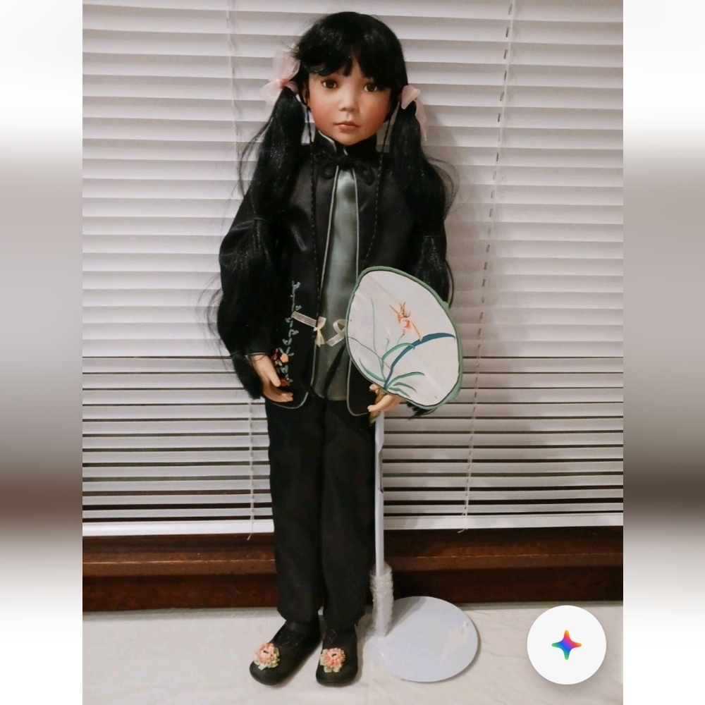 Vintage 31" Tall Mei Lin Geisha Brocade Black Outfit Porcelain Doll Reborn Mint